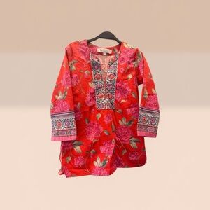 Bella Tu Red Floral Embroidered Tunic Top